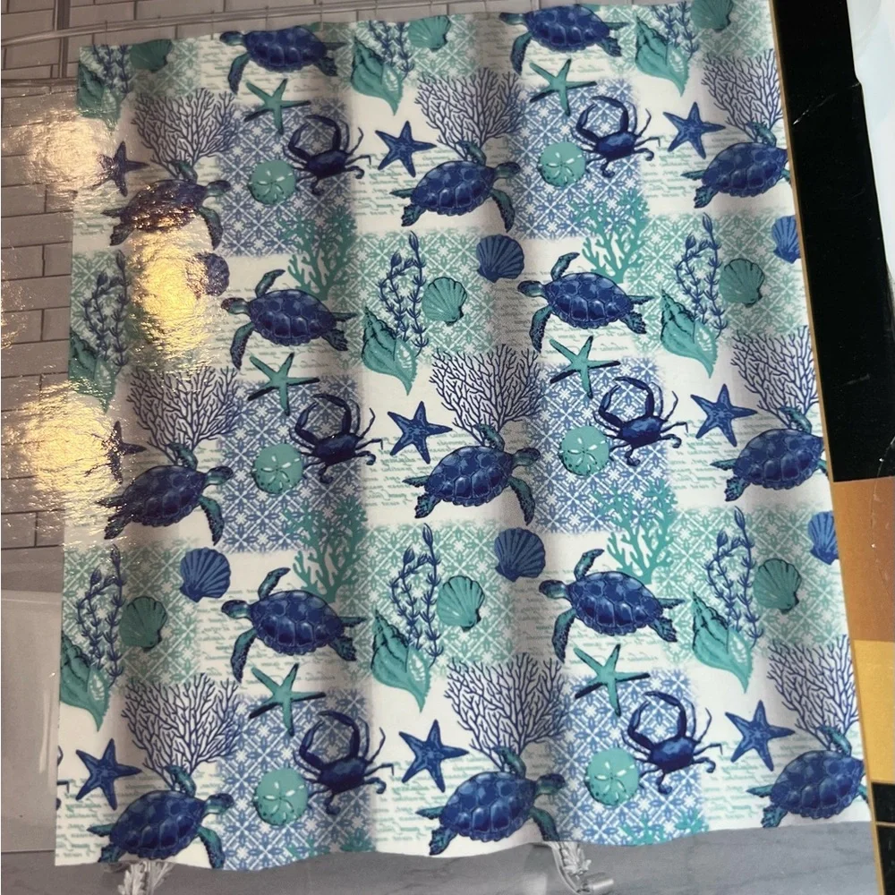 Blue Cora Ocean Fabric Shower Curtain Turtles Crab Starfish Shells Corral Plants